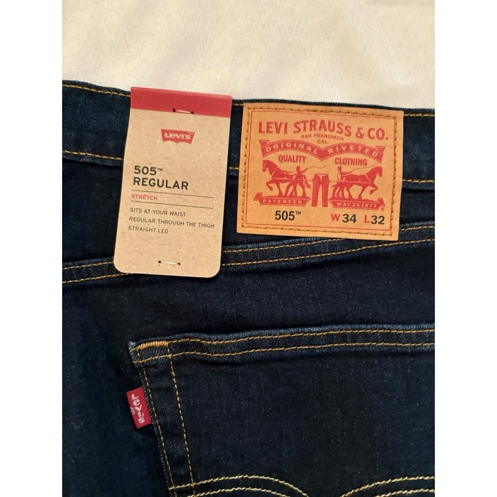NEW Levi's 505 Jeans Mens 34 X 32 Blue Denim Cotton Stretch Regular Fit Straight